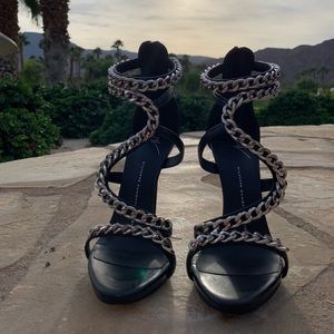 Giuseppe Zanotti Black Leather & Chain Heels
